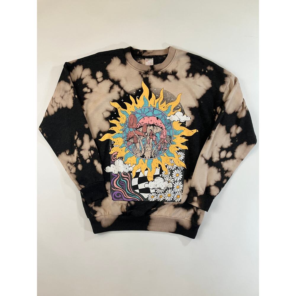 No Boundaries Women M 7-9 Mushroom Graphic Sweatshirt Reverse Tie Dye Crewneck